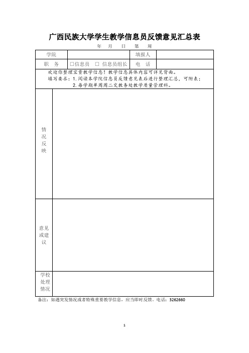 学生教学信息员反馈意见汇总表