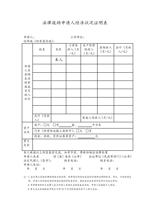 法律援助申请人经济状况证明表