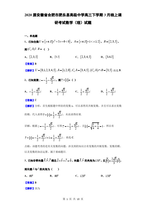 2020届安徽省合肥市肥东县高级中学高三下学期3月线上调研考试数学(理)试题(解析版)