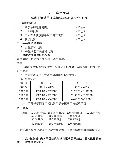 2010年XX大学高水平运动员冬季测试考核内容及评分标准【模板】