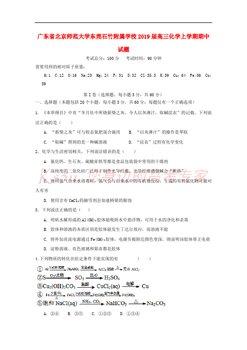 广东省北京师范大学东莞石竹附属学校2019届高三化学上学期期中试题