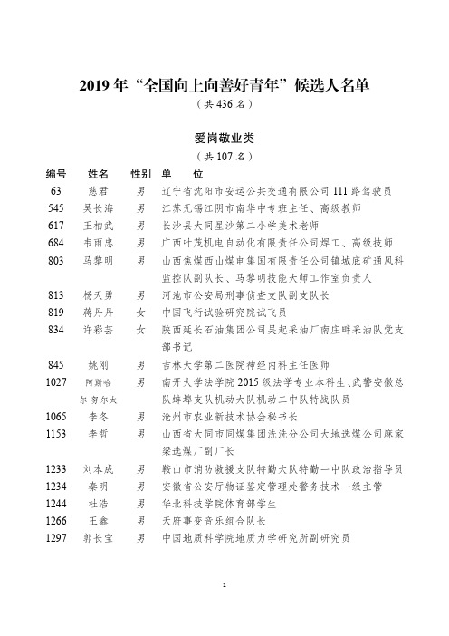 2019年全国向上向善好青年候选人名单