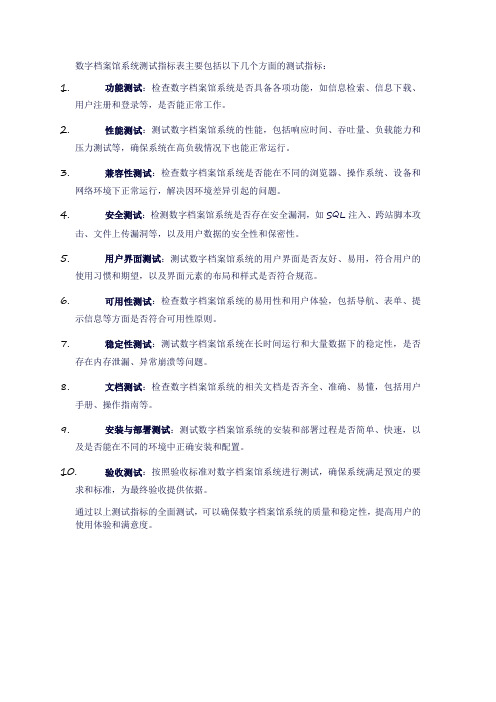 数字档案馆系统测试指标表