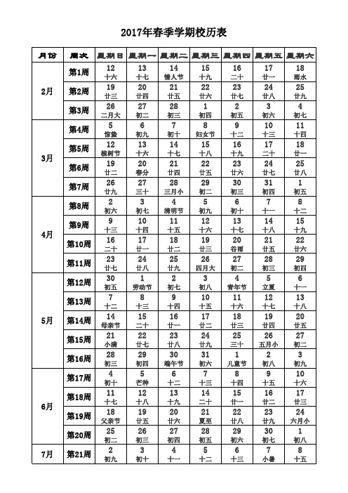 2016-2017学年度第二学期校历