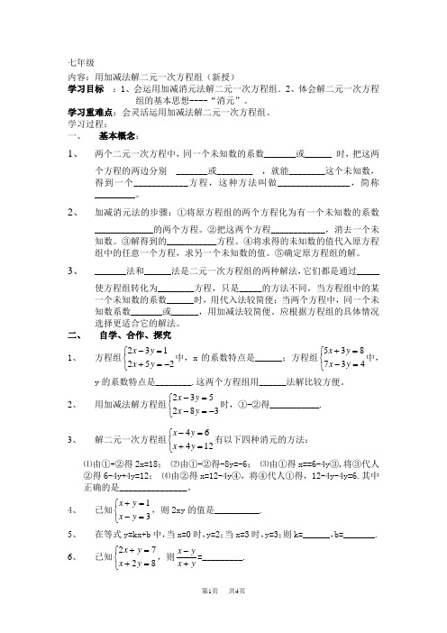 用加减法解二元一次方程组导学案[人教版初一七年级]