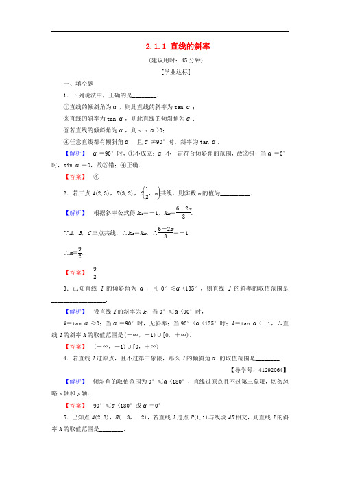 高中数学 第二章 平面解析几何初步 2.1.1 直线的斜率学业分层测评 苏教版必修2