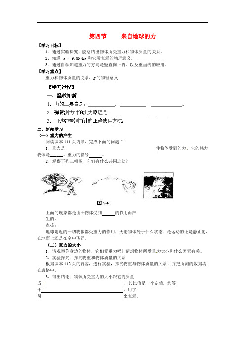 八年级物理全册 6.4 来自地球的力导学案(无答案)(新版)沪科版