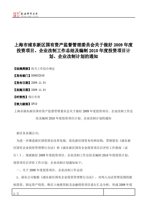 上海市浦东新区国有资产监督管理委员会关于做好2009年度投资项目