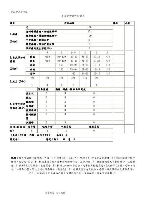 肩关节功能评价量表