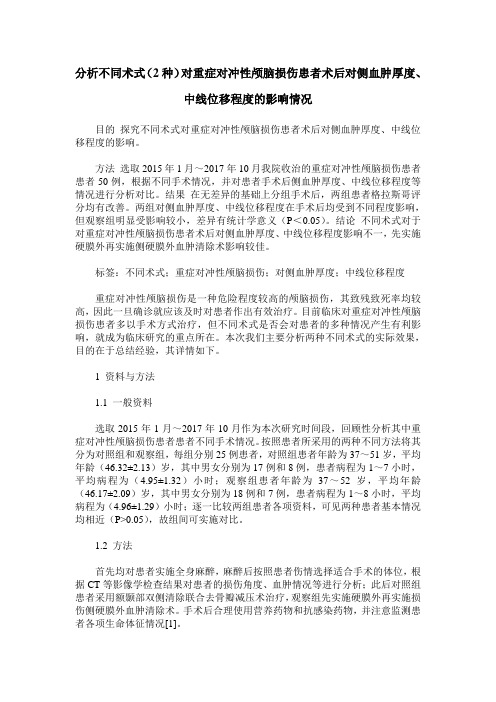 分析不同术式(2种)对重症对冲性颅脑损伤患者术后对侧血肿厚度、中线位移程度的影响情况