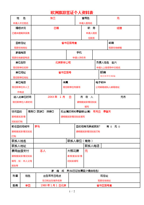 欧洲旅游签证个人资料表