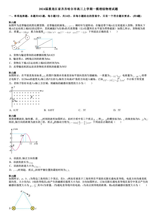 2024届黑龙江省齐齐哈尔市高三上学期一模理综物理试题