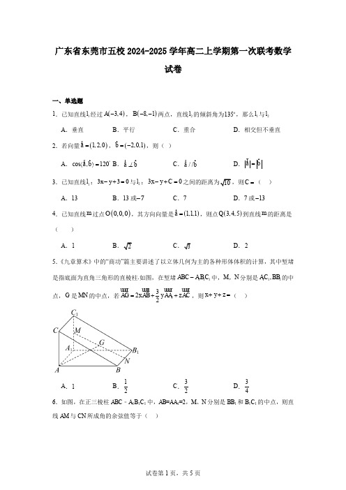 广东省东莞市五校2024-2025学年高二上学期第一次联考数学试卷