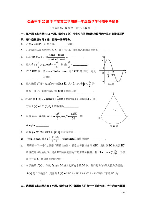 上海市金山中学高一数学下学期期中试题