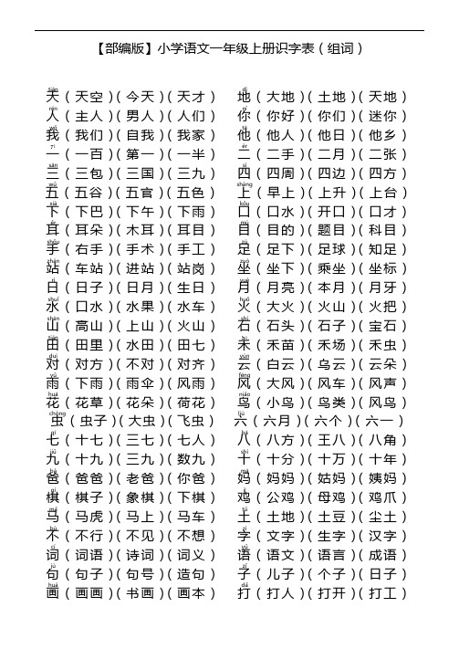 最新【部编版】小学语文一年级上册识字表(组词)复习进程