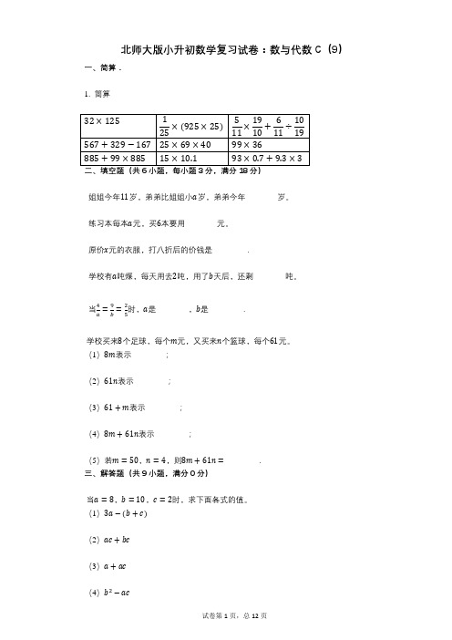 小学数学-有答案-北师大版小升初数学复习试卷：数与代数C(9)