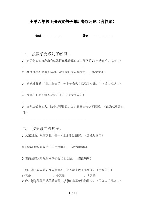 小学六年级上册语文句子课后专项习题(含答案)