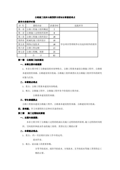 公路施工组织与概预算内容知识掌握重难点