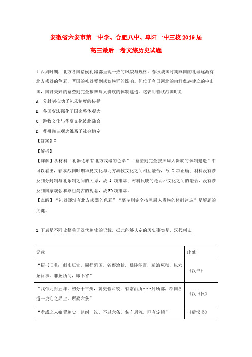 安徽省六安市第一中学、合肥八中、阜阳一中三校2019届高三历史最后一卷试题(含解析)