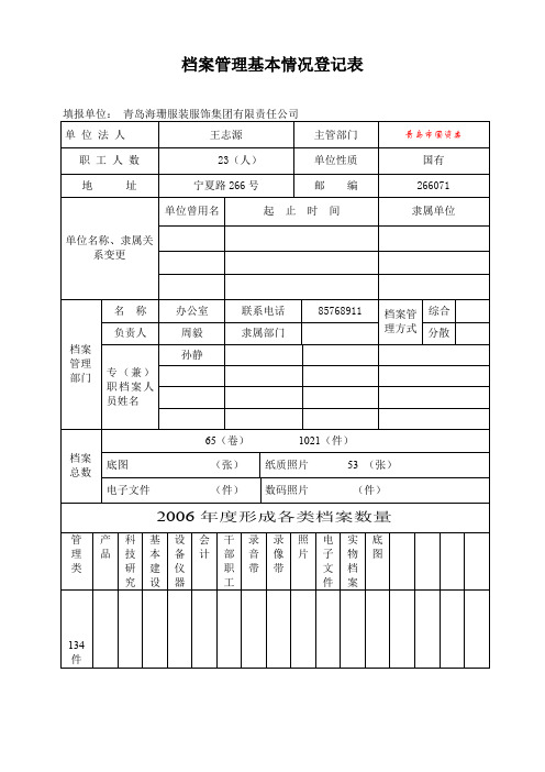 档案管理基本情况登记表