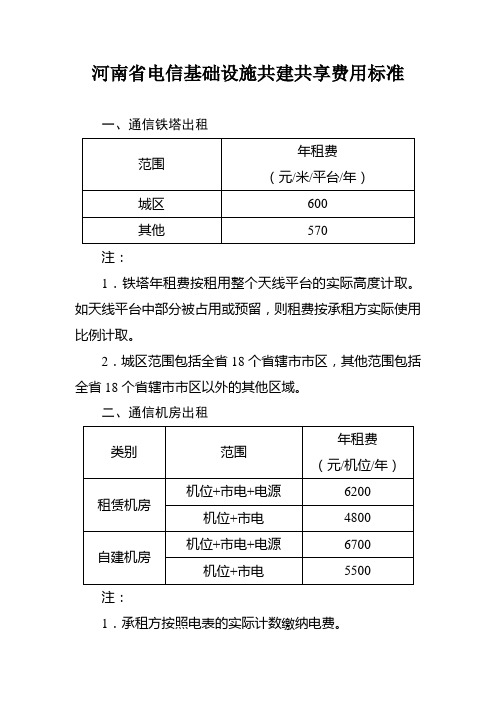 河南省电信基础设施共建共享费用标准