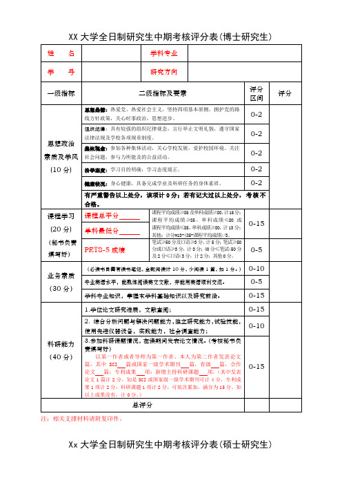 研究生中期考核评分表