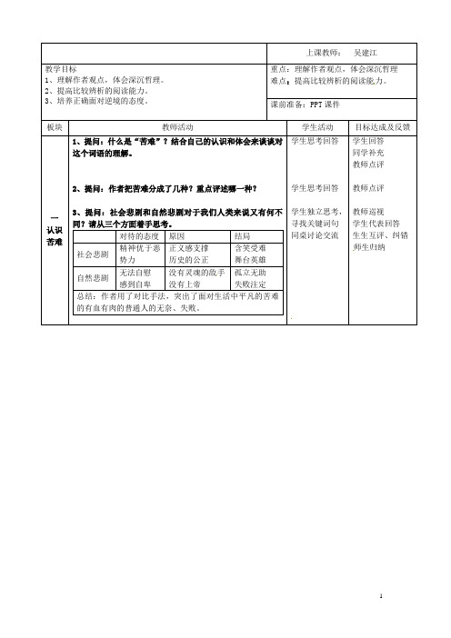 山西省新绛县希望学校高中语文《直面苦难(节选)》教案 苏教版必修5