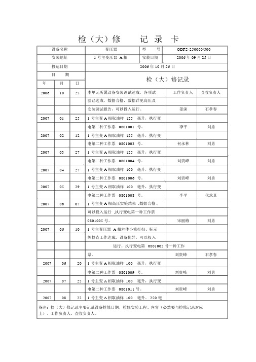 设备检修记录卡