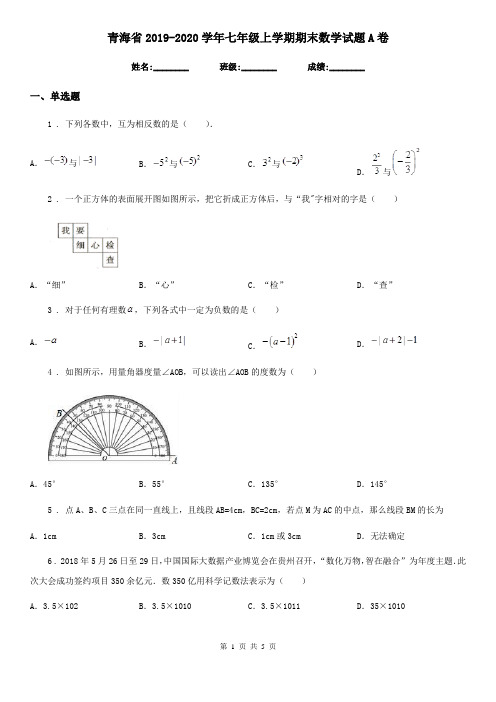 青海省2019-2020学年七年级上学期期末数学试题A卷