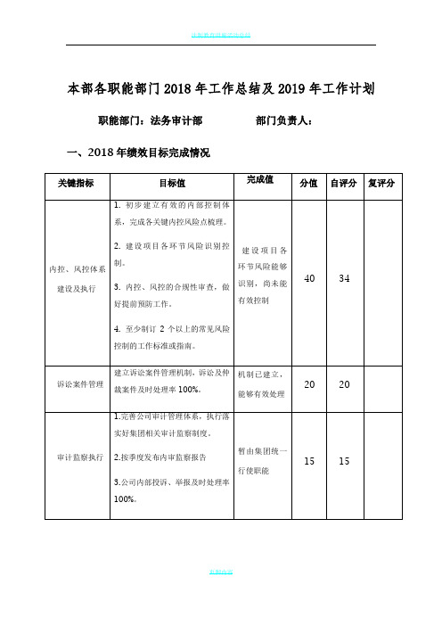 法务审计部2018年工作总结及2019年工作计划