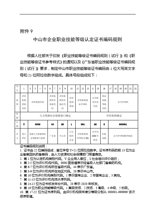 中山市企业职业技能等级认定证书编码规则