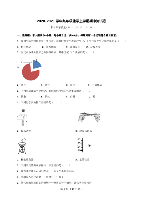 2020-2021学年九年级化学上学期期中测试卷(附答案)