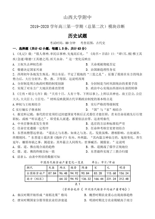 山西大学附中2020届高三上学期第二次模块诊断 历史 Word版含答案