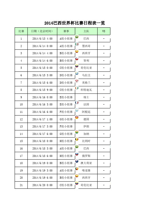 【精品】2014巴西足球世界杯完整比赛日程表(北京时间)