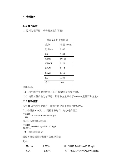 甲醇精馏物料衡算