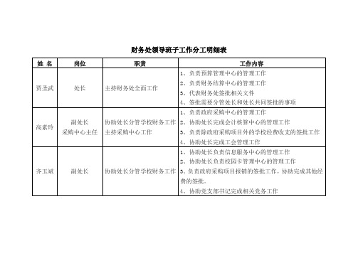 财务处领导班子工作分工明细表