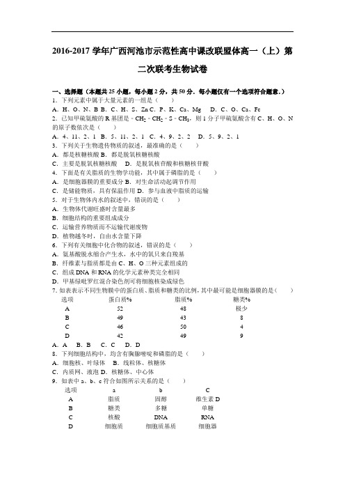 广西河池市示范性高中课改联盟体2016-2017学年高一上