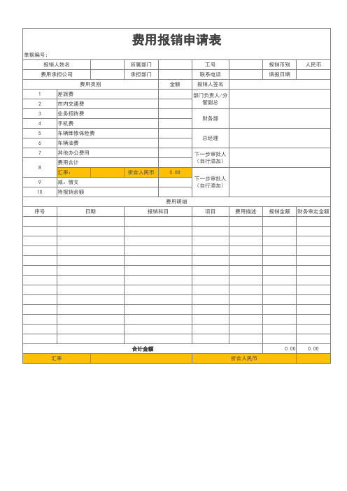 费用报销申请表Excel模板费用报销申请表Excel模板