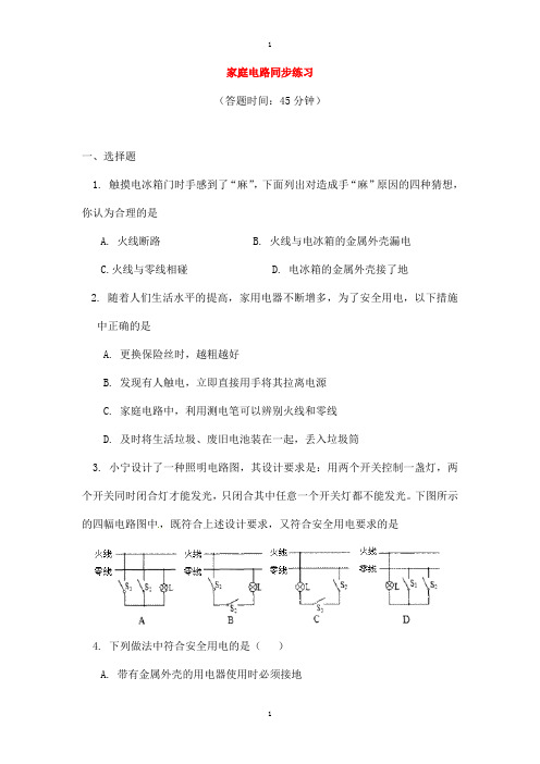 物理中考复习家庭电路同步练习含解析人教版-含答案