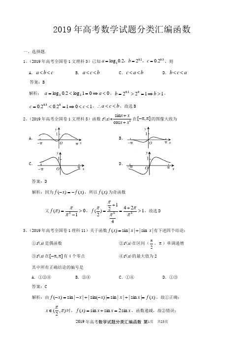 2019年高考数学试题分类汇编函数附答案详解