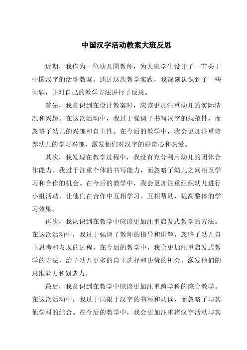 中国汉字活动教案大班反思