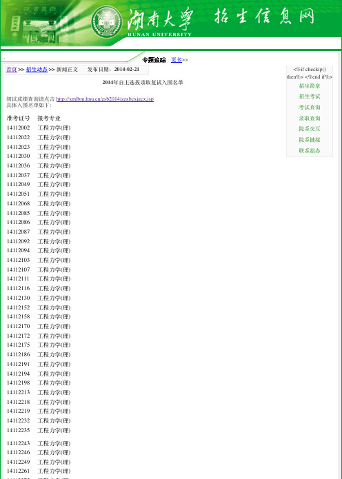 湖南大学2014自主招生复试入围名单-湖南大学