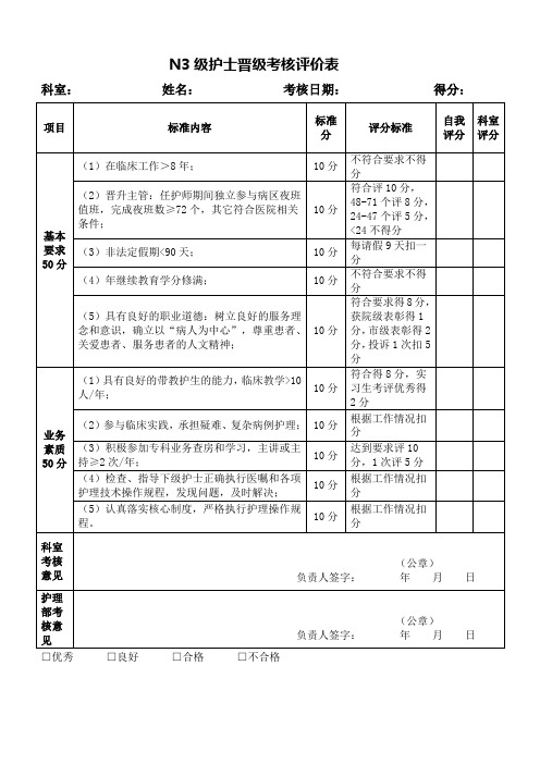 N3护士晋级考评表