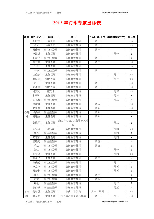 安贞医院2012年专家出诊表