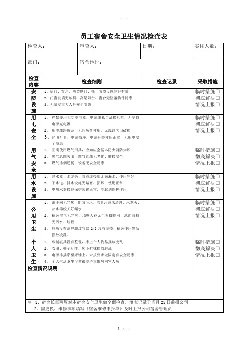 公司员工宿舍安全卫生检查表