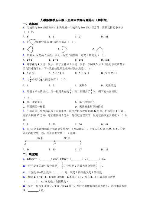 人教版数学五年级下册期末试卷专题练习(解析版)