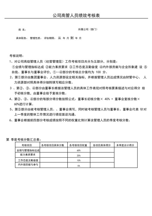 (完整版)公司高层管理人员考核表