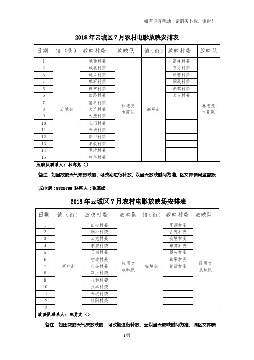 2018年云城区7月农村电影放映安排表