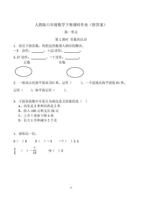 人教版六年级数学下册课时作业(附答案)