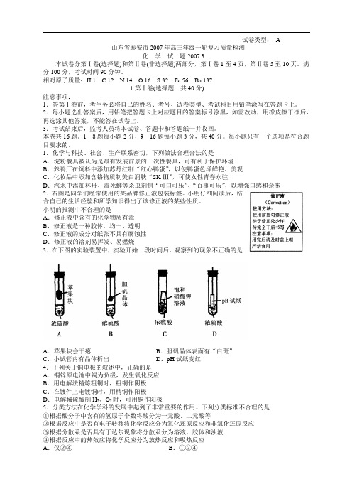 山东省泰安市2007年高三年级一轮复习质量检测化学试卷-新人教